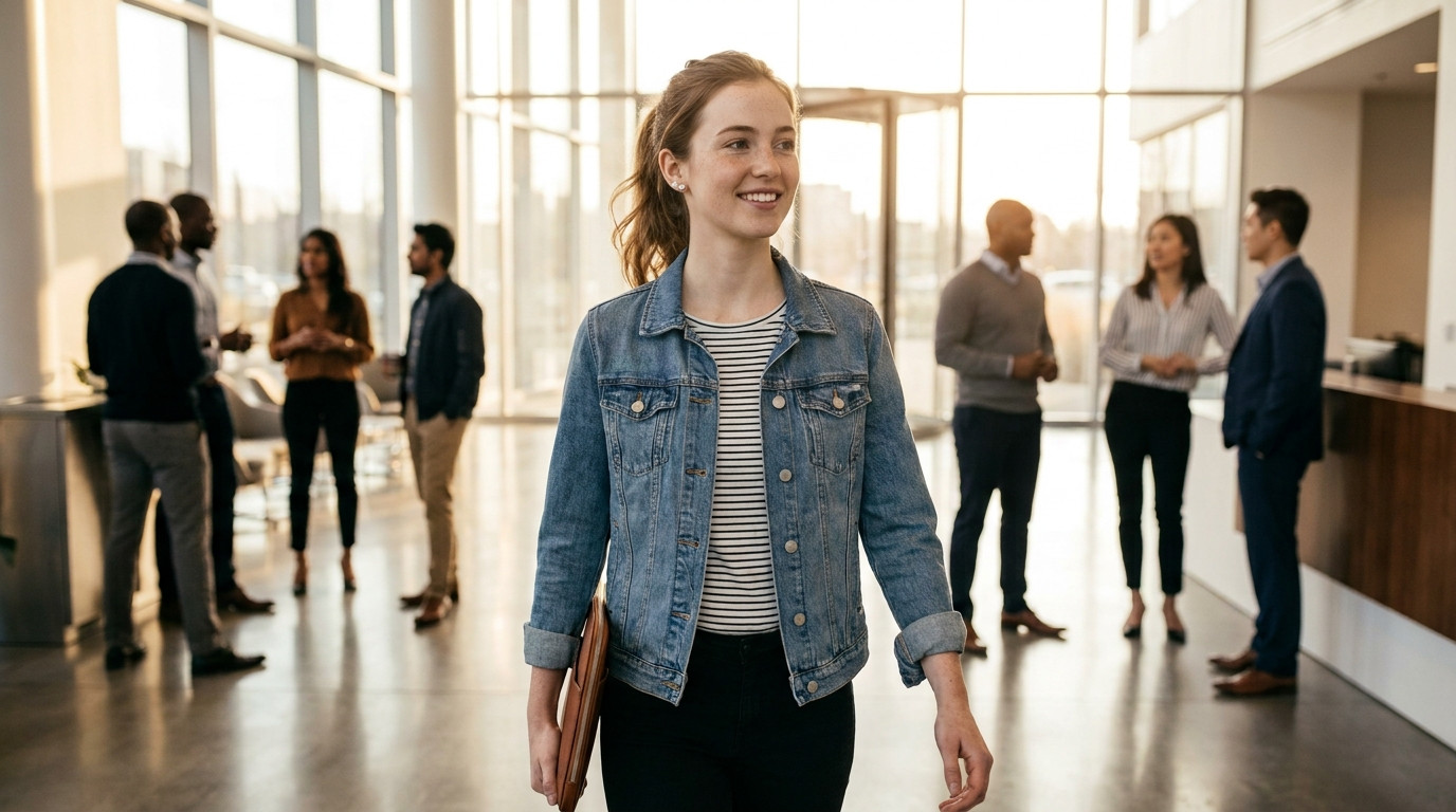 A young marketing intern in smart-casual business clothing walking confidently across a bright modern corporate lobby wi