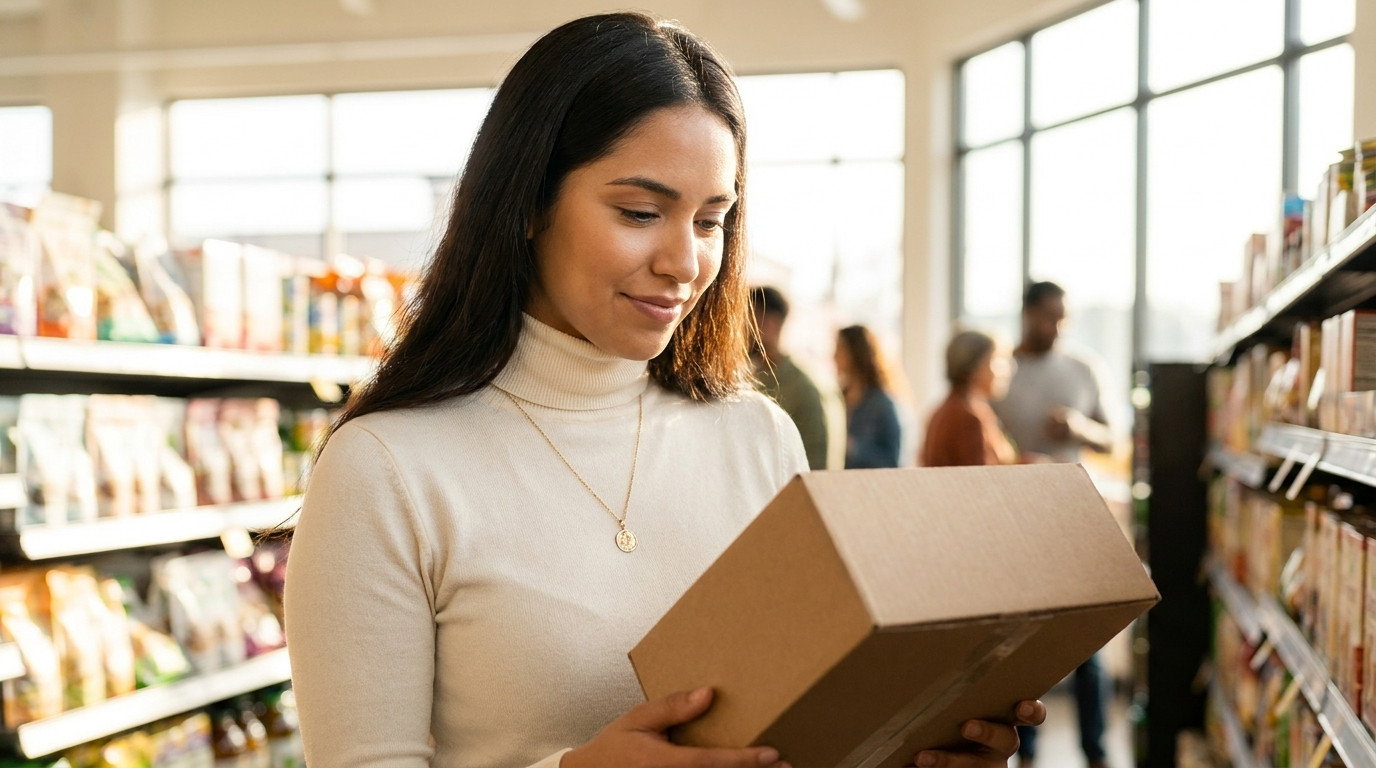 A young marketing professional in a simple crewneck sweater standing in a bright modern grocery aisle, holding a plain u