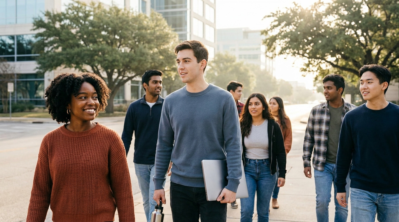 A young software engineering intern in a plain slate-blue crewneck standing on a sunny downtown Austin sidewalk in the e