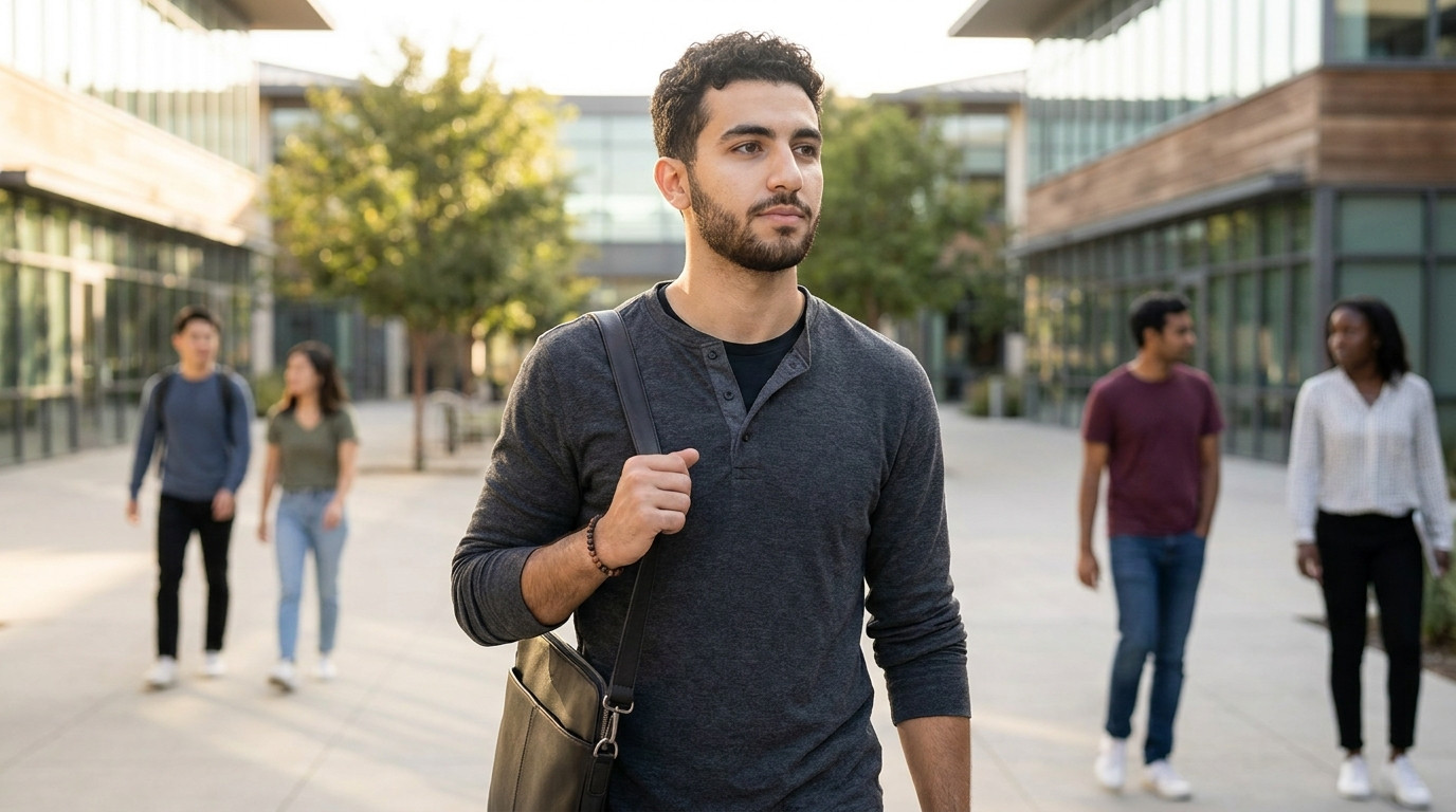 A young software engineer in a plain charcoal jacket walking across a tech-campus courtyard in Silicon Valley on a clear