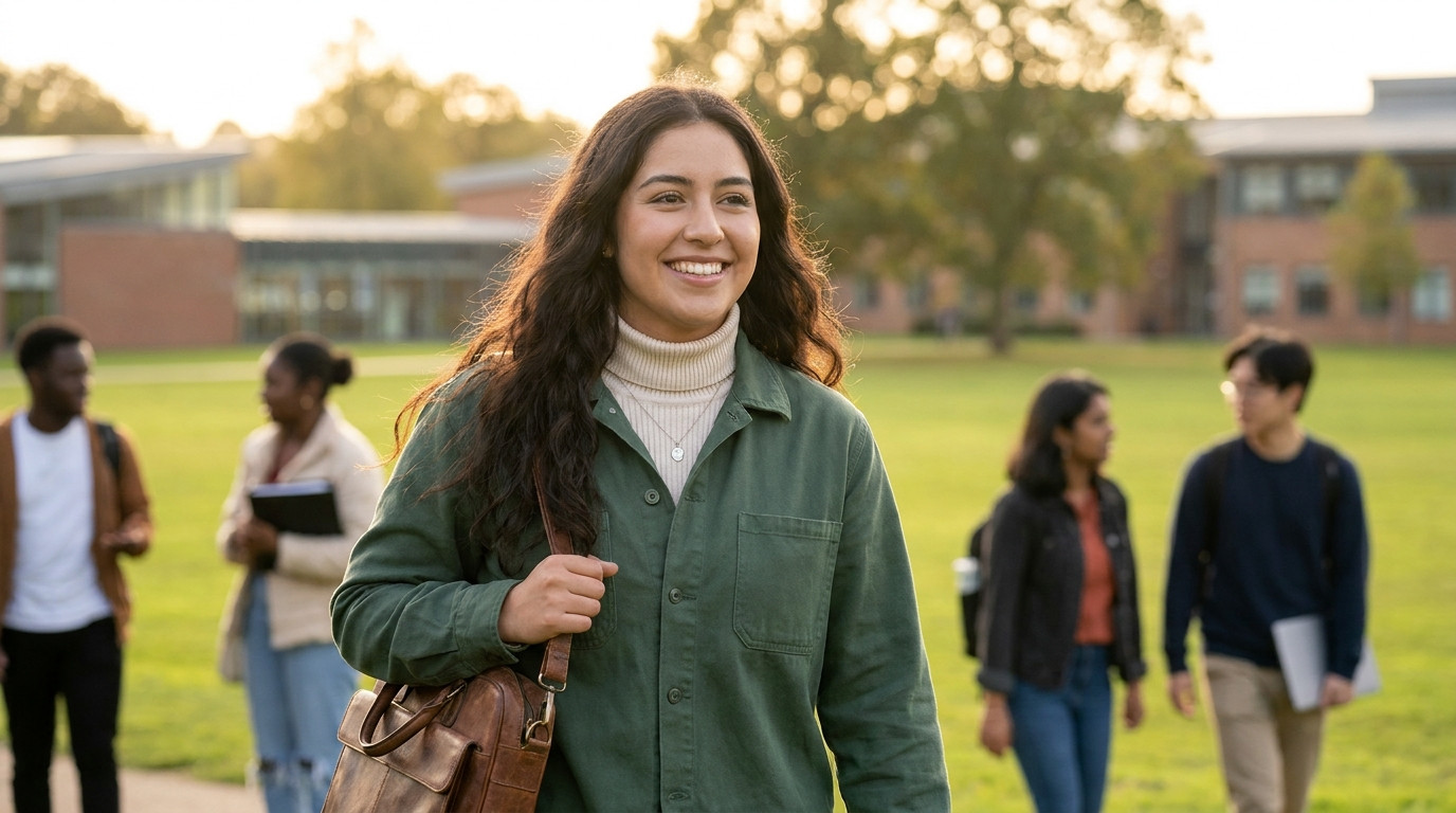 A university engineering student in a plain work shirt walking across an open rural-industrial campus at golden hour, wi