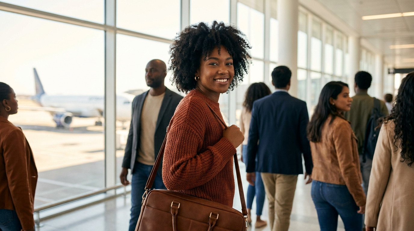 A university student in smart-casual clothing walking through a bright modern airport terminal concourse with large wind