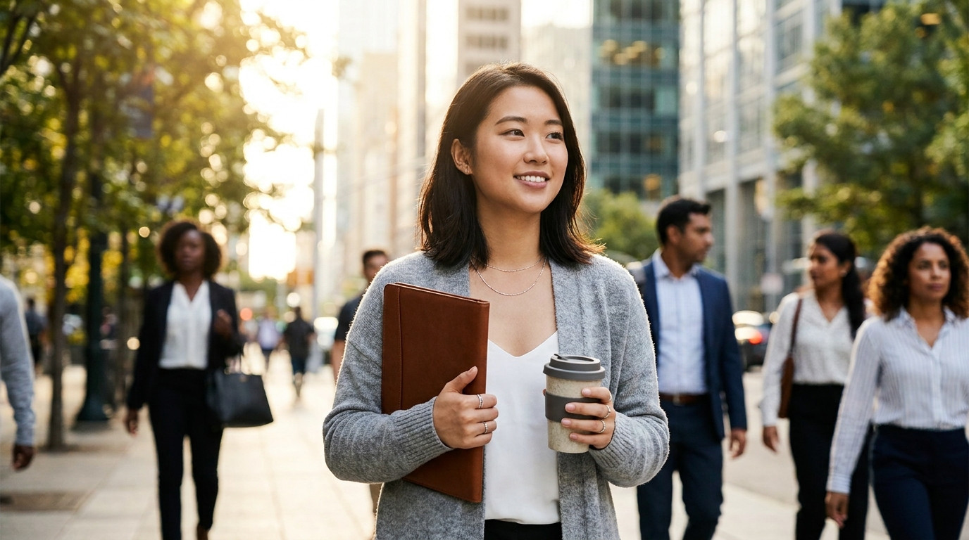 A young marketing professional in smart-casual clothing walking through a modern city business district on a bright morn