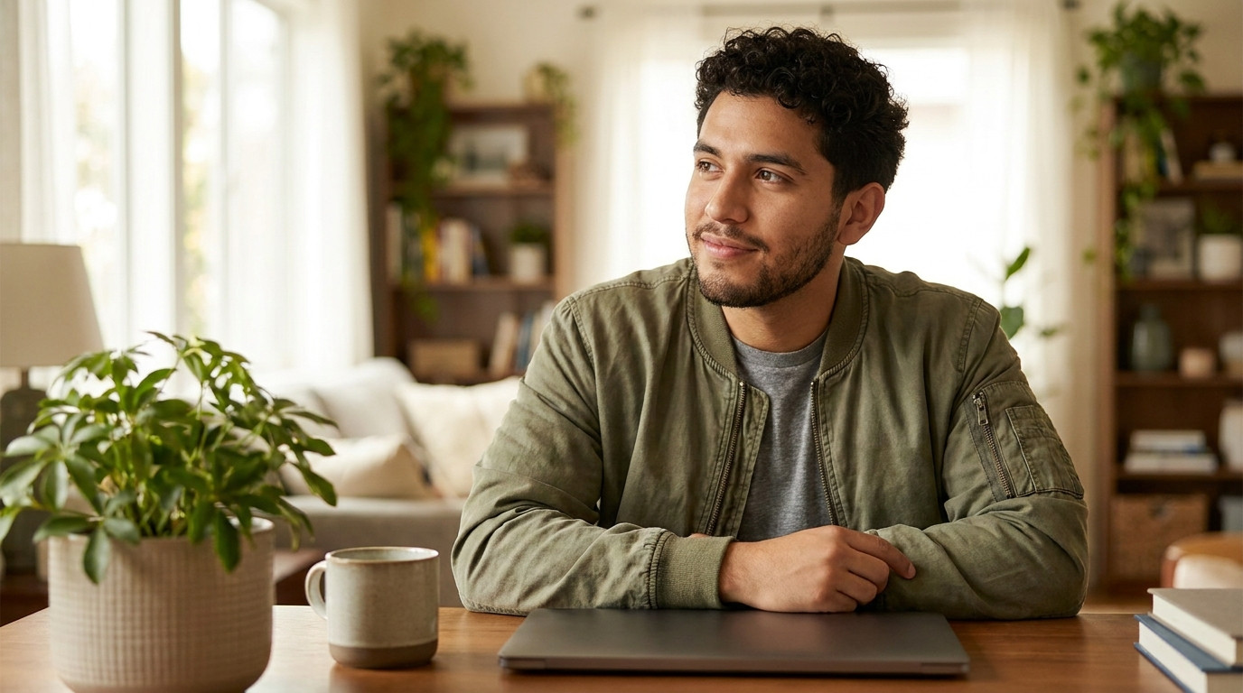 A young software engineer in a plain dark hoodie working from a bright home office on a clear morning, seated at a tidy