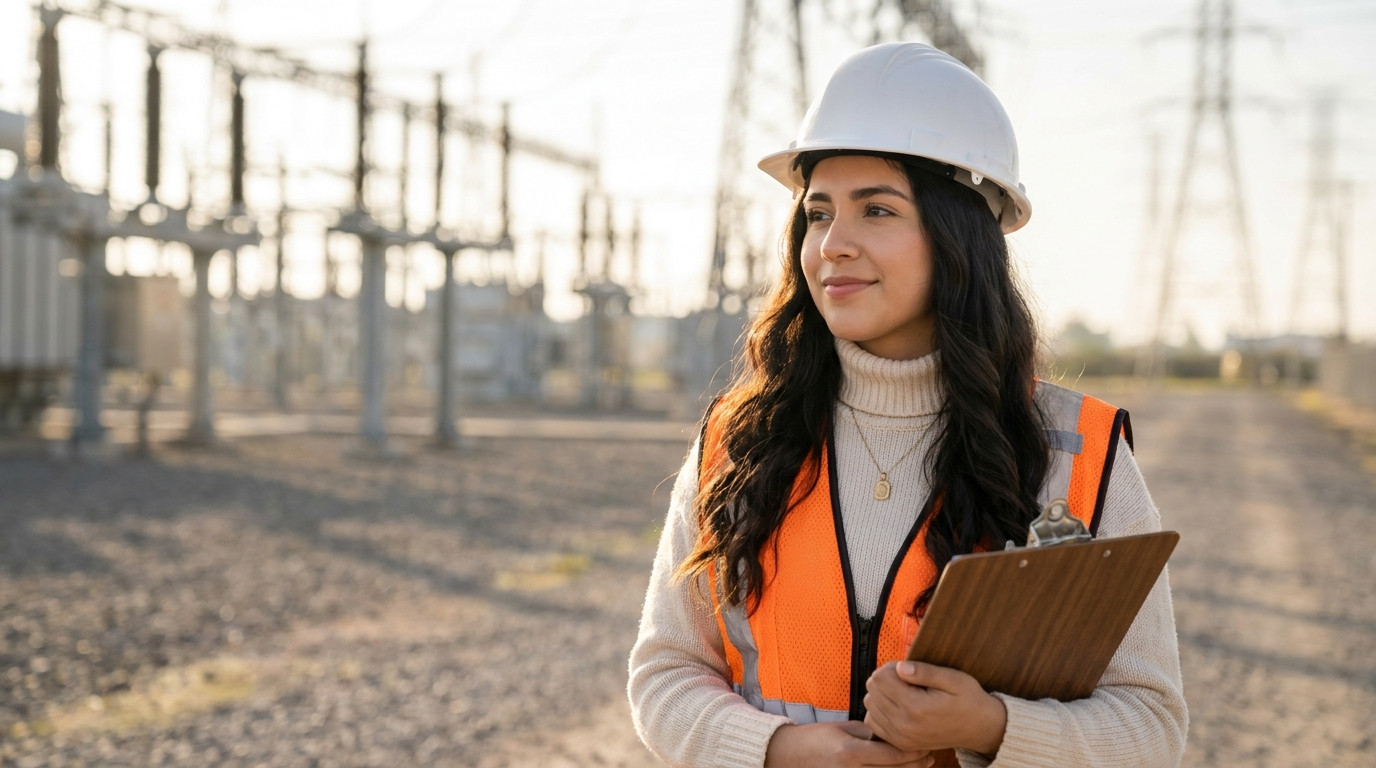 A young engineering intern in a hard hat and high-visibility vest standing at the edge of an electrical substation on a