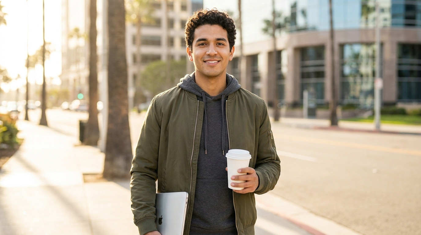 A young software engineer in a plain charcoal hoodie standing on a downtown San Diego sidewalk on a bright clear morning