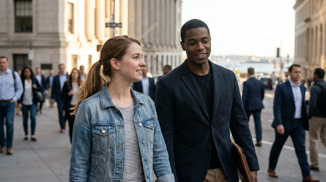 A young creative professional in a relaxed dark blazer walking briskly along a wide Lower Manhattan sidewalk on a bright