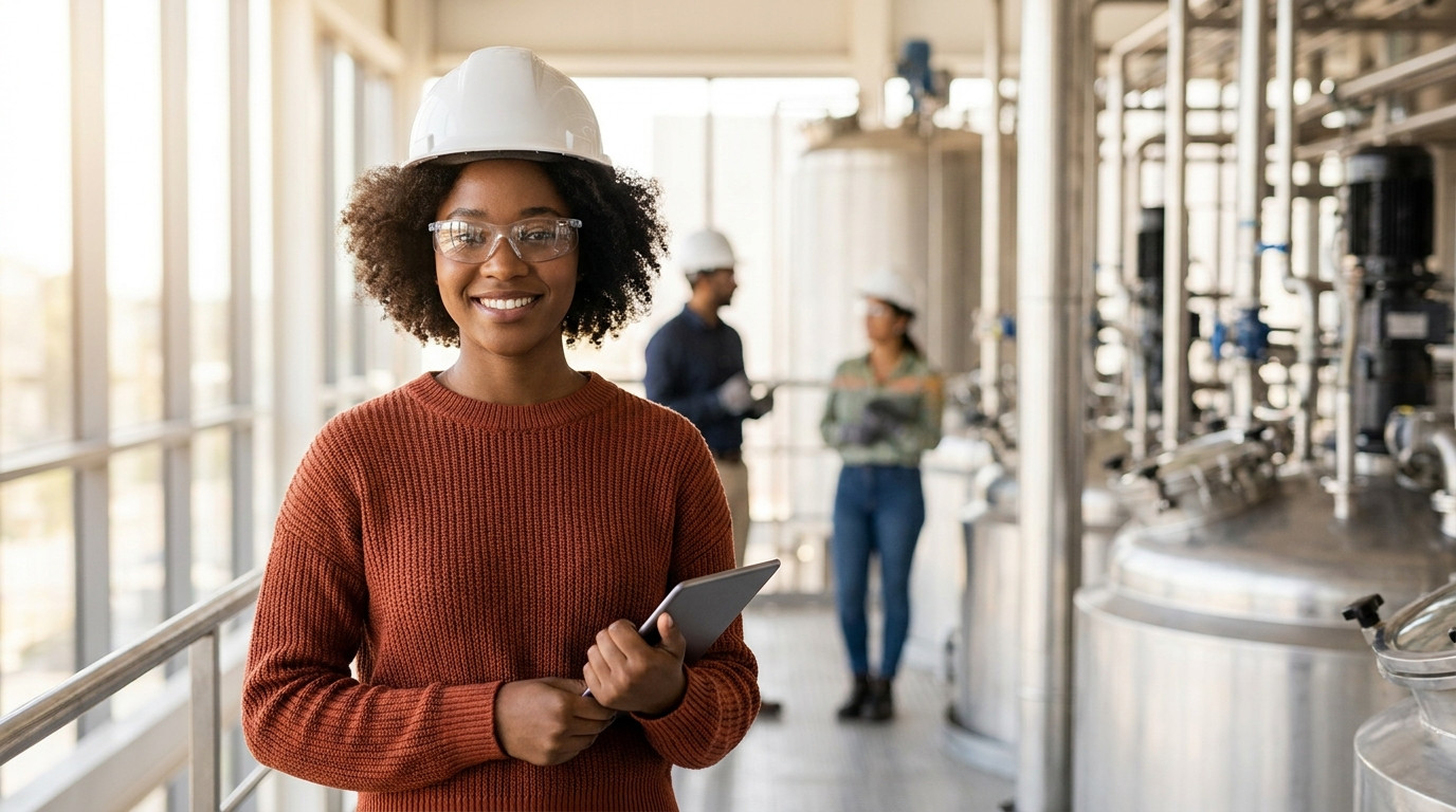 A young engineering intern in a hard hat and safety glasses standing on a walkway inside a bright modern chemical manufa