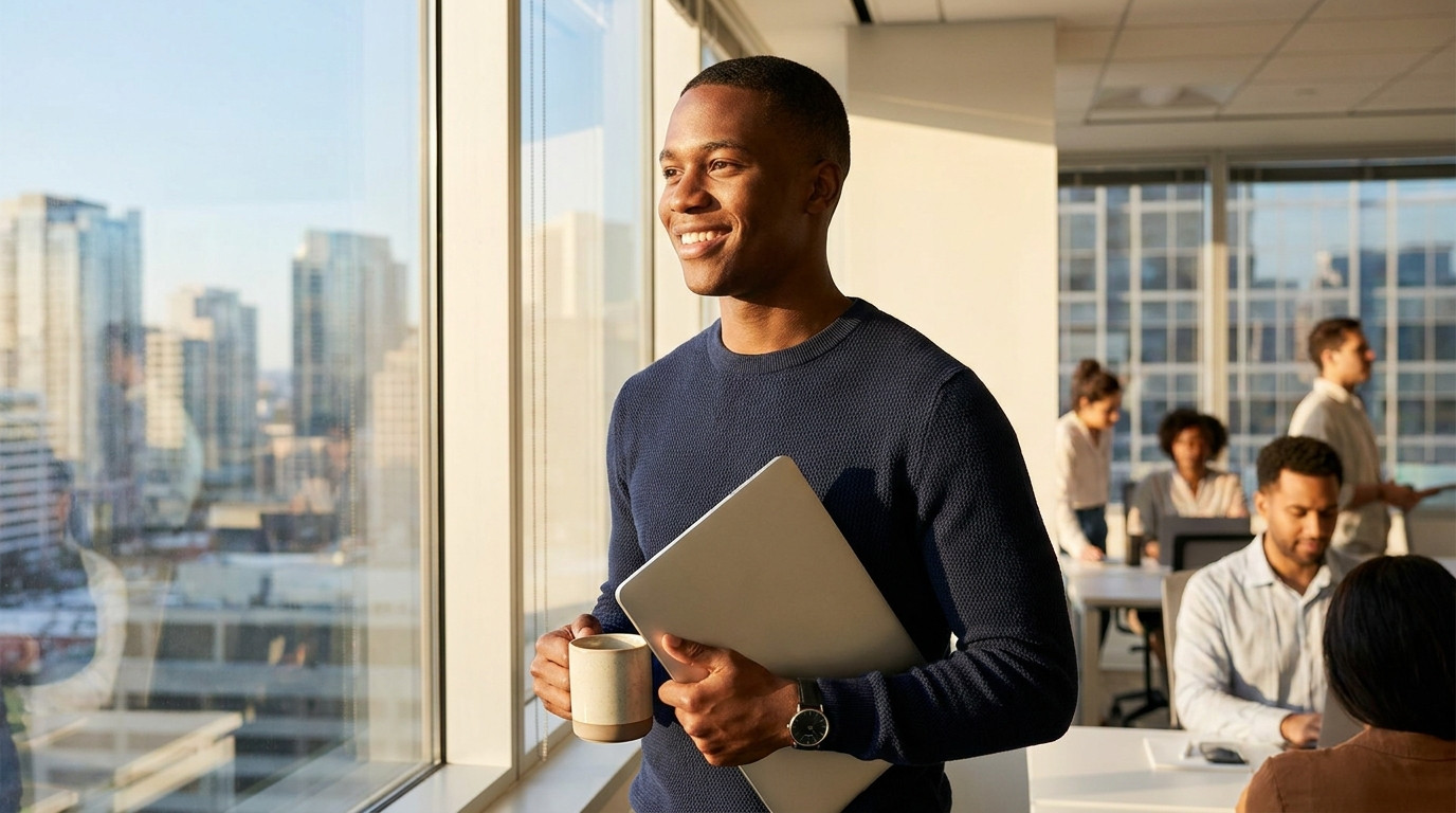 A young actuarial intern in business-casual attire standing near a bright office window on a clear morning, holding a sl