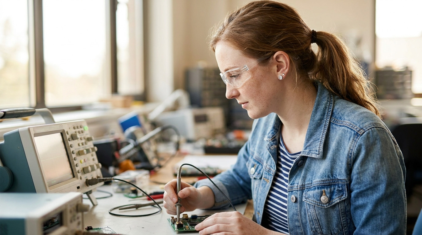 A young electrical engineering student in a plain collared shirt and safety glasses standing in a bright hardware lab be