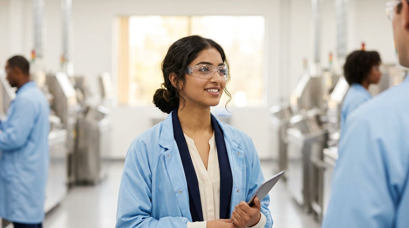 A young engineering intern in a clean-room-style light blue smock and clear safety glasses standing on a bright, spotles