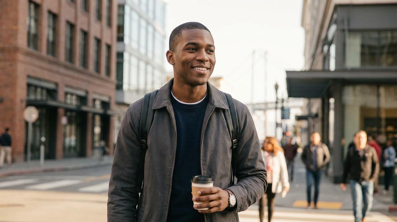A young software engineer in a plain charcoal jacket walking through a downtown Oakland street on a clear morning, low-r