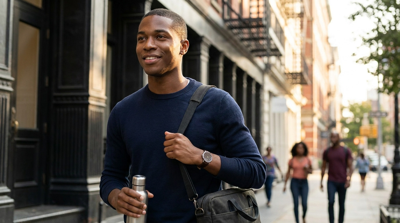 A young university student in a plain crewneck sweater walking through a quiet SoHo street in New York on a clear late-s