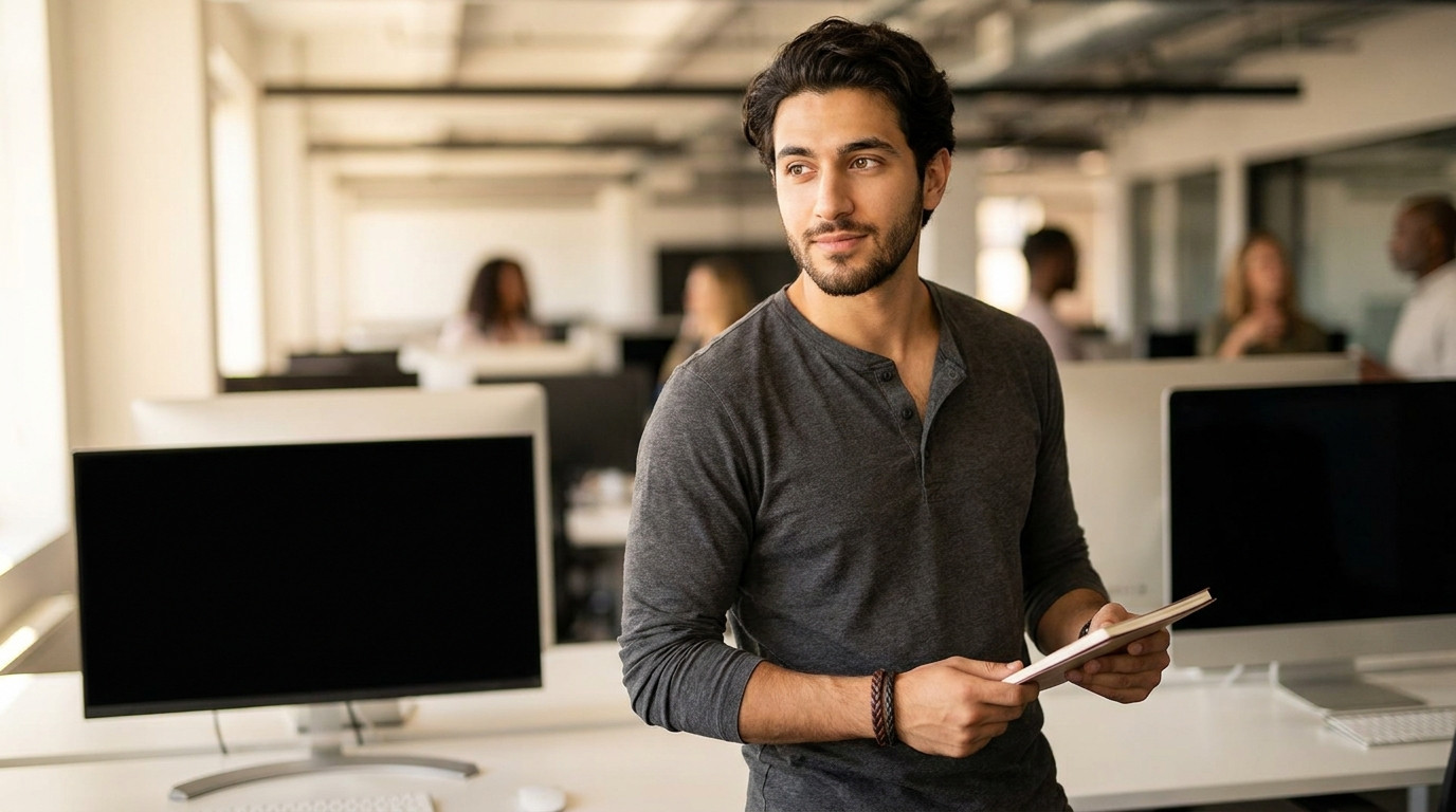 A college-age broadcast media intern standing in a bright modern newsroom-style open office during golden morning light,
