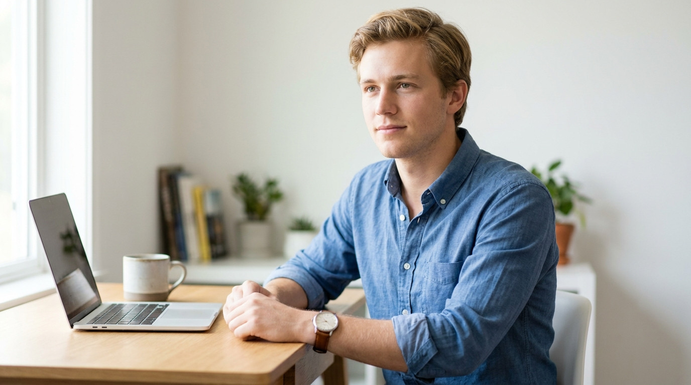 A university-age software engineering student working from a bright home setup near a window, seated at a simple desk wi