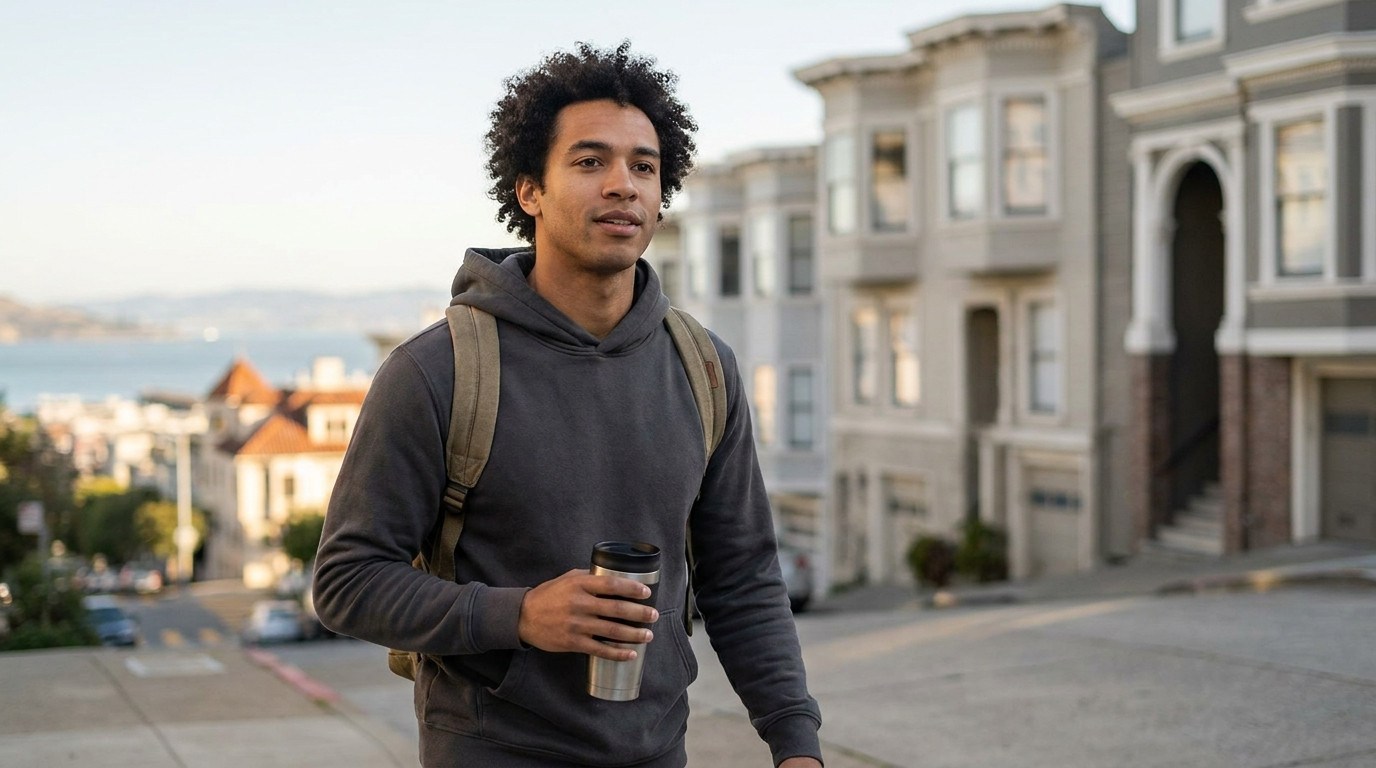 A young software engineer in a plain charcoal hoodie walking up a sloped San Francisco sidewalk on a clear morning, low