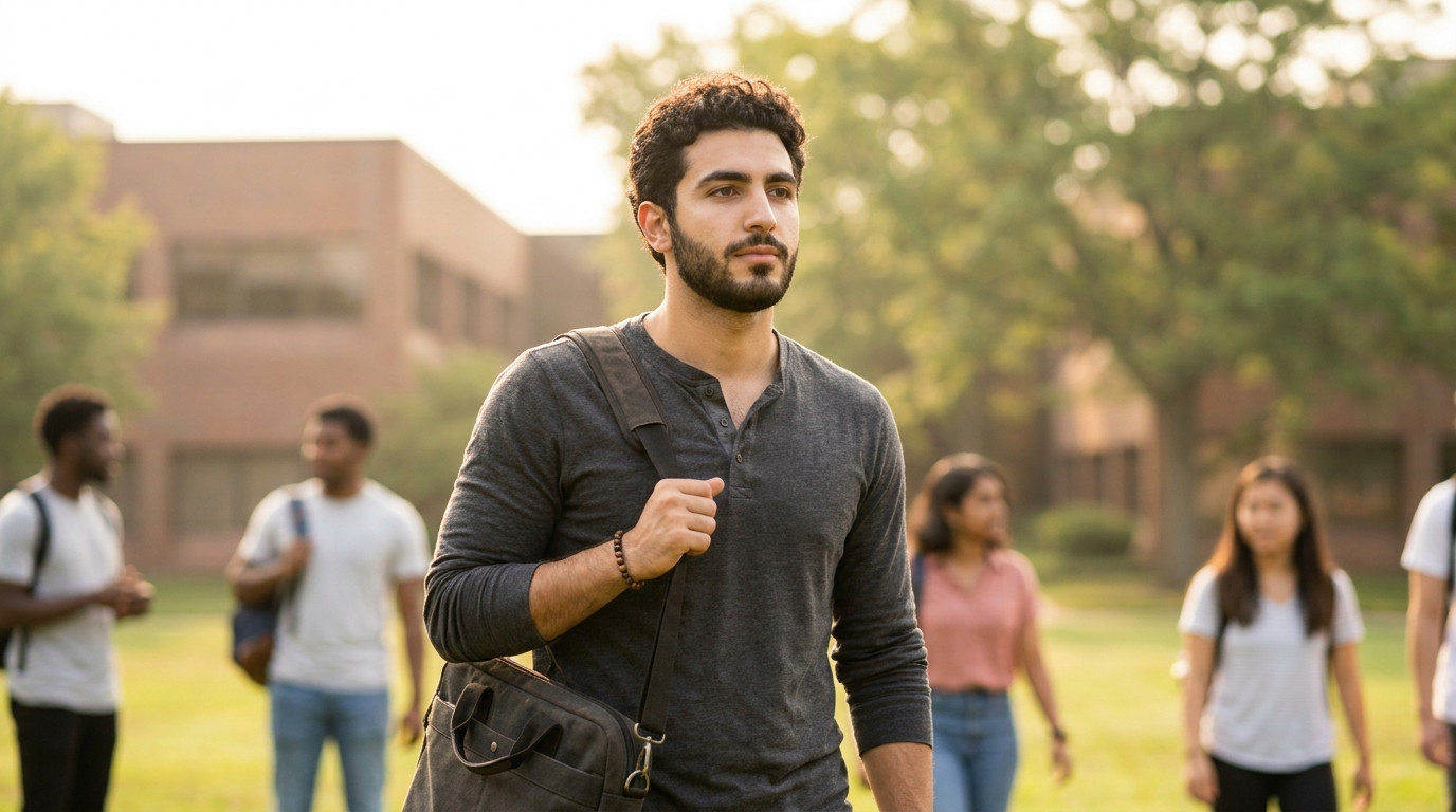 A university business student in smart-casual clothing walking across a corporate campus lawn on a bright summer morning
