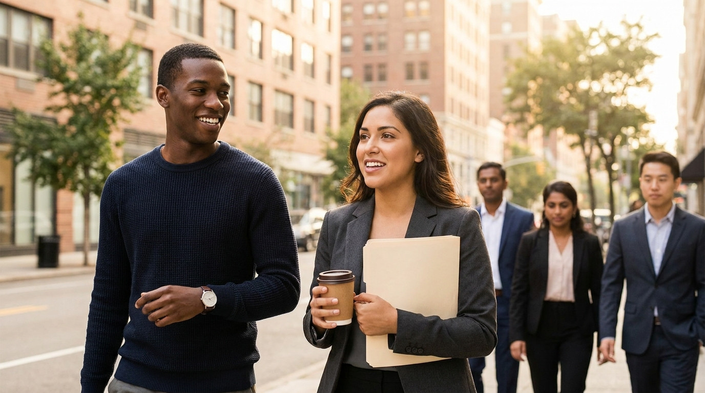 A young university student in a plain charcoal blazer standing on a bright downtown sidewalk on a clear late-summer morn