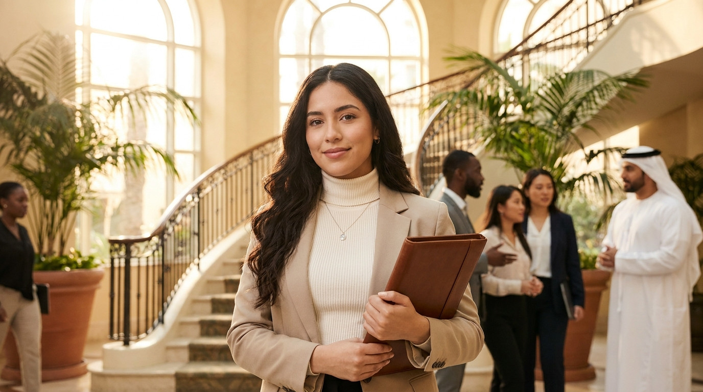 A young hospitality intern in a crisp neutral blazer standing in a bright hotel lobby atrium with a sweeping staircase a