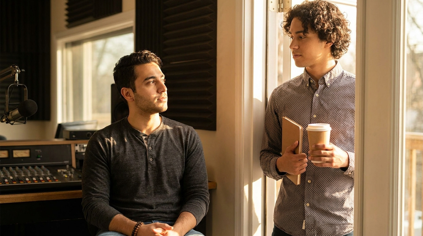 A young media intern in a casual button-up shirt standing in the doorway of a bright radio studio on a clear morning, ho