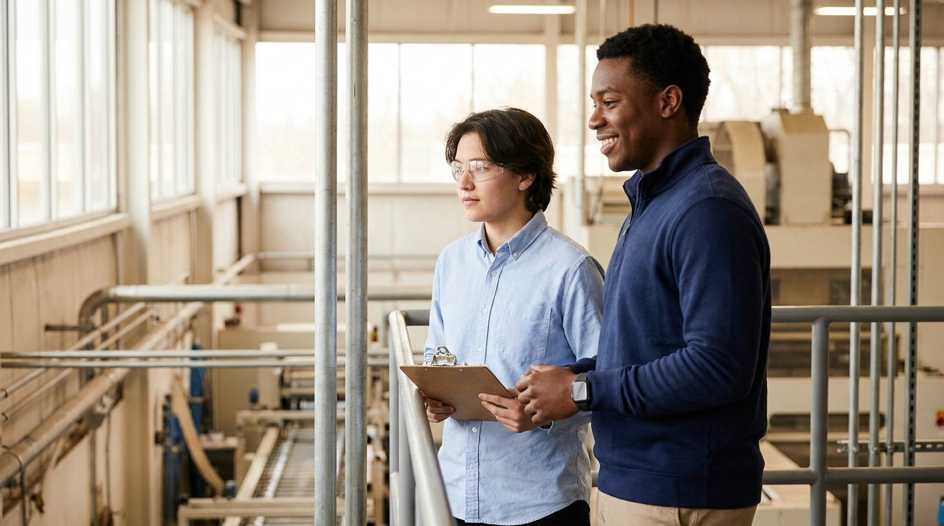 A young mechanical engineering intern in a plain collared shirt and safety glasses standing on a bright factory-floor me