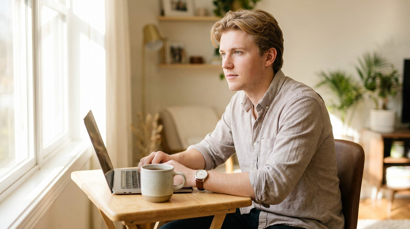 A young software engineer in a plain grey hoodie sitting at a small home desk by a bright window on a clear morning, a s