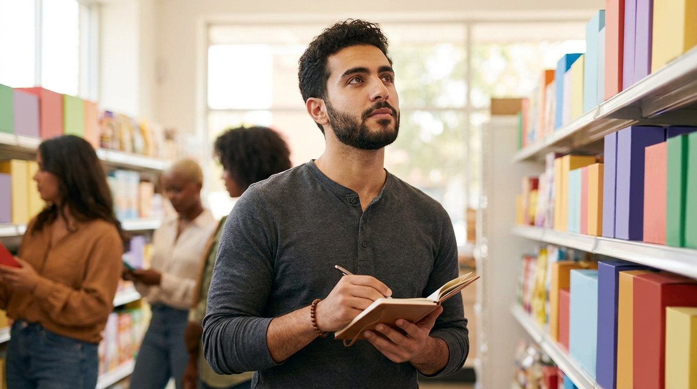 A young marketing student in smart-casual clothing standing in a bright modern grocery aisle studying a shelf of colorfu