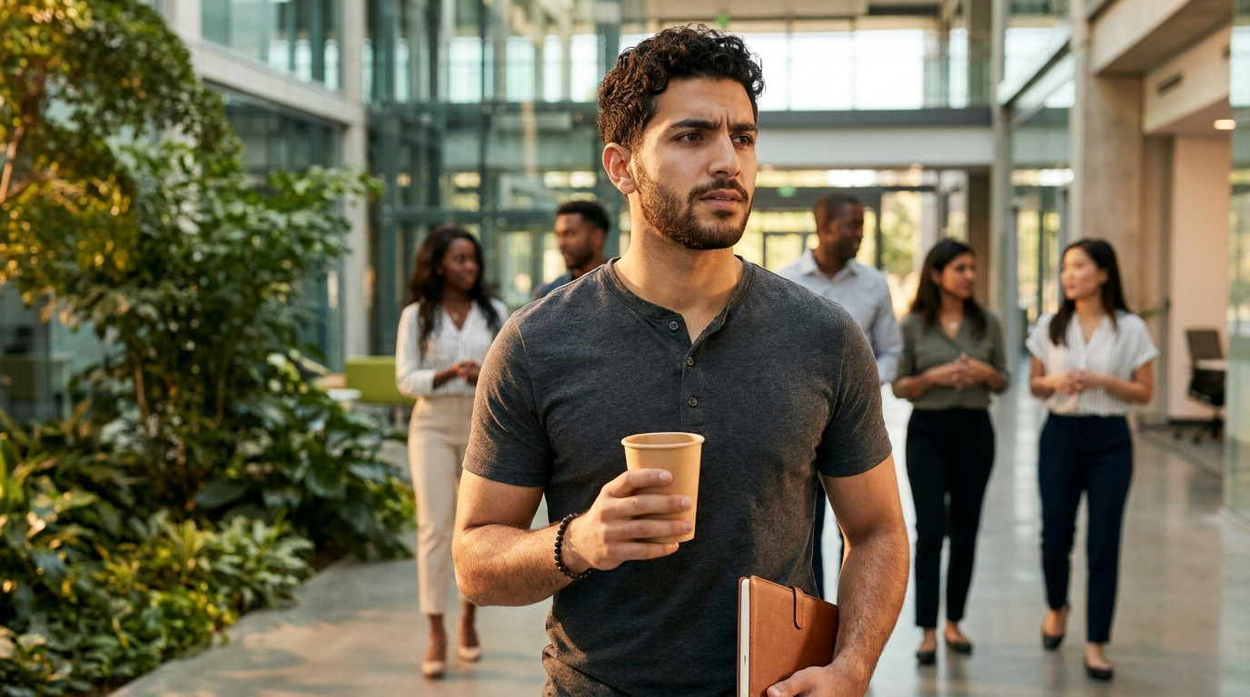 A young marketing intern in smart business-casual clothing walking through the bright, plant-filled atrium of a modern c
