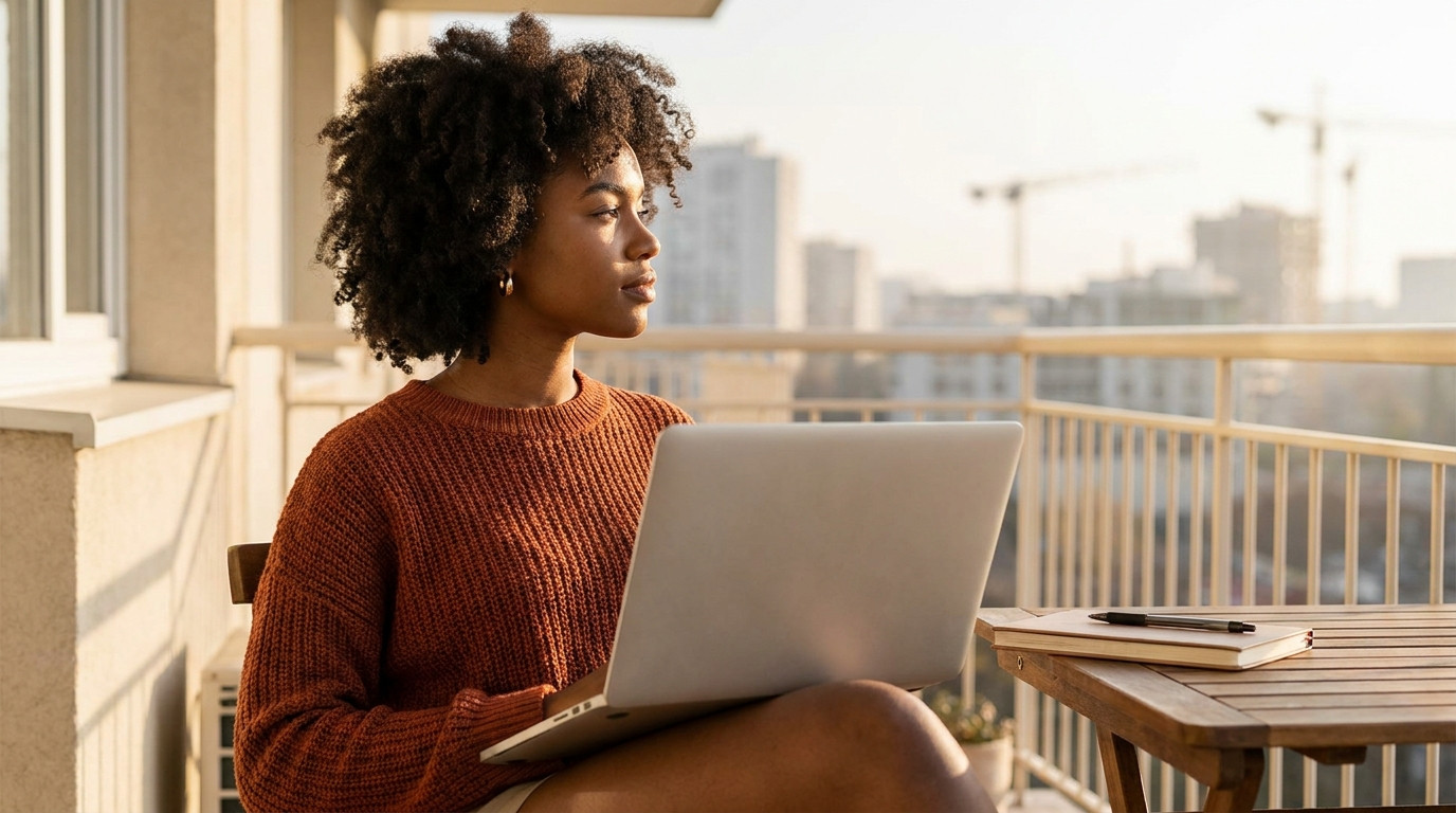 A young data scientist in a plain charcoal sweater sitting on a sunlit balcony of a city apartment with a laptop on thei