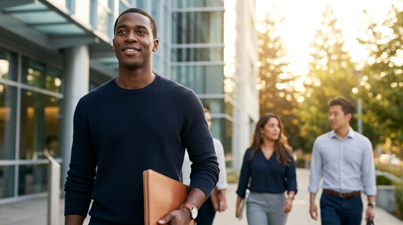 A young business student in smart-casual clothes standing outside a modern glass corporate office building on a bright m