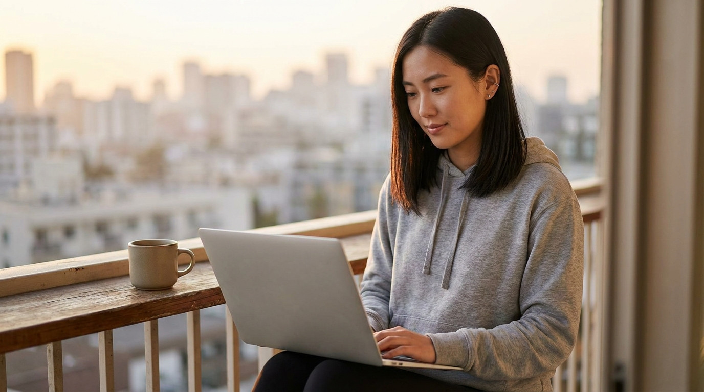 A young software engineer in a plain heather-grey hoodie sitting on a sunlit apartment balcony with a laptop open on the