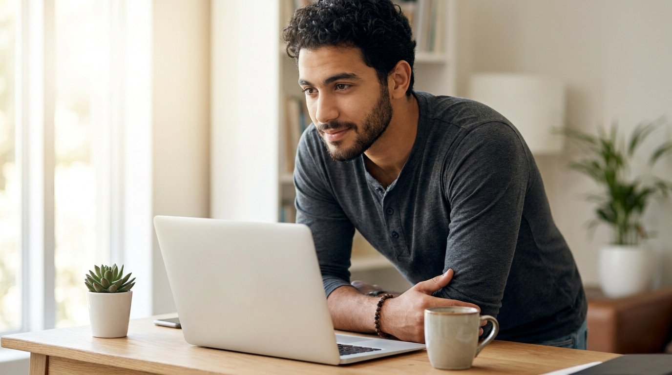 A young software engineer in a plain charcoal sweater working from a bright home office on a clear morning, a single lap
