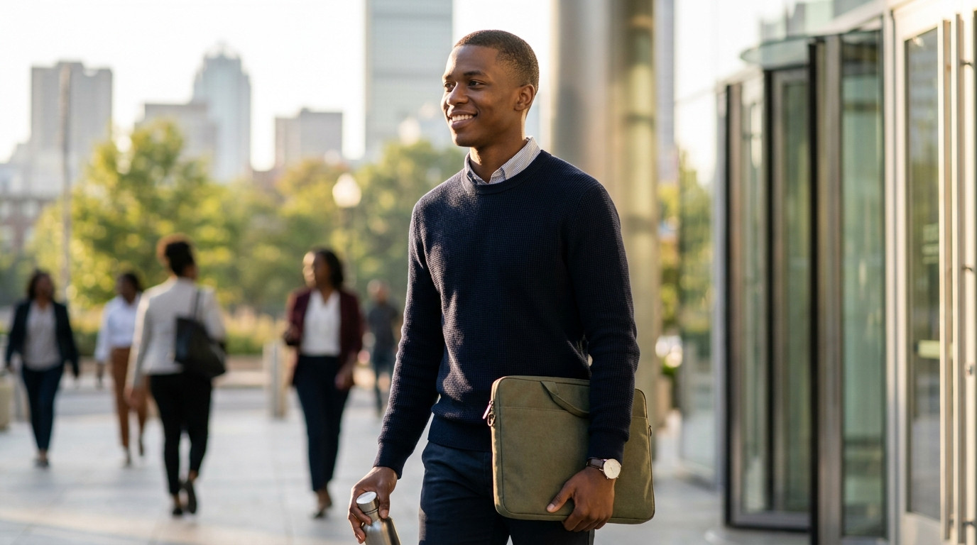 A young professional in smart-casual clothing walking toward the glass entrance of a modern high-rise office tower on a