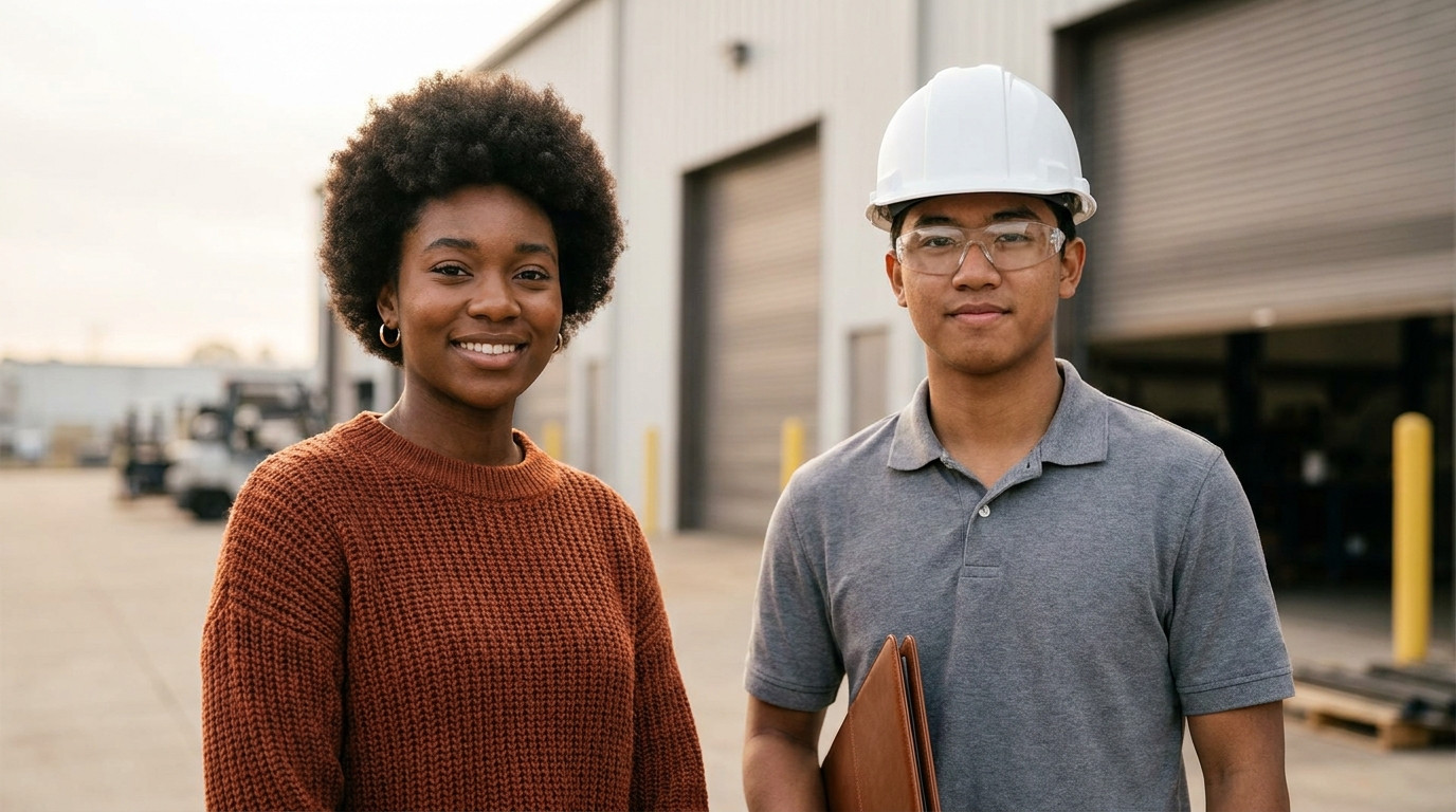 A young mechanical engineering student in a plain hard hat and clear safety glasses standing at the entrance of a large,