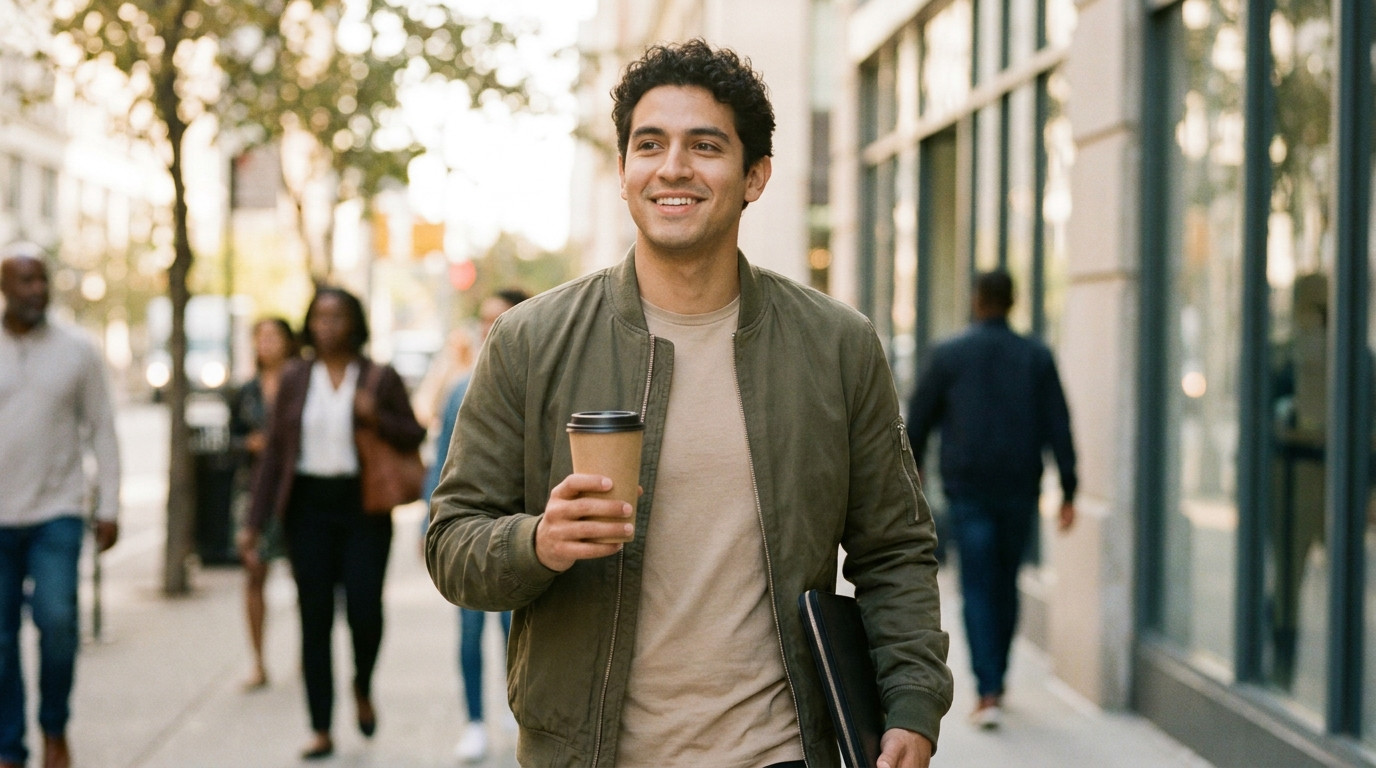 A young creative professional in smart-casual clothing walking briskly along a sunlit city sidewalk in the morning, carr