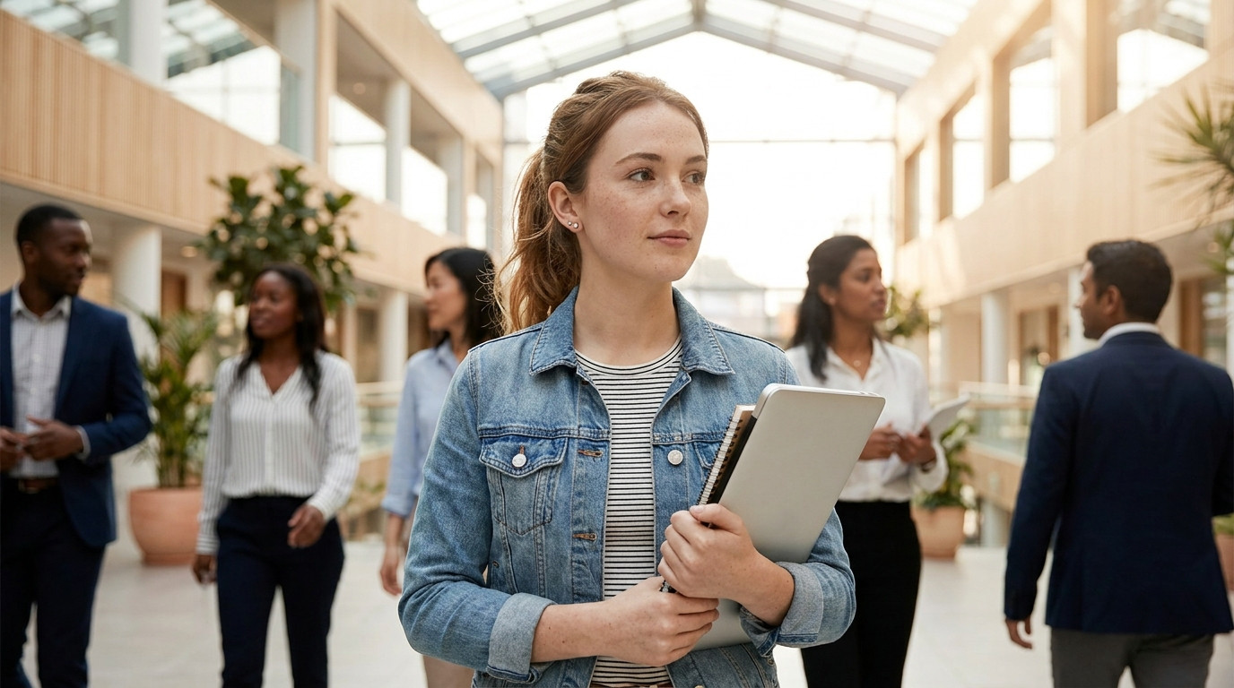 A college-aged business intern in smart-casual clothing walking confidently across a bright modern corporate lobby atriu