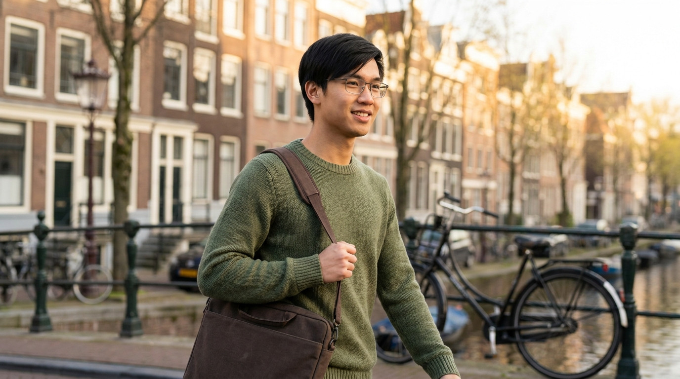 A recent graduate in a plain knit sweater walking along a quiet Amsterdam canal on a bright morning, historic narrow row