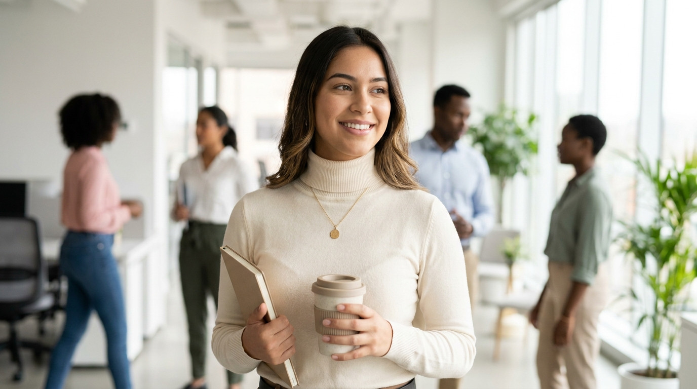 A young marketing professional in smart-casual business attire standing in a bright modern open-plan office lobby on a c