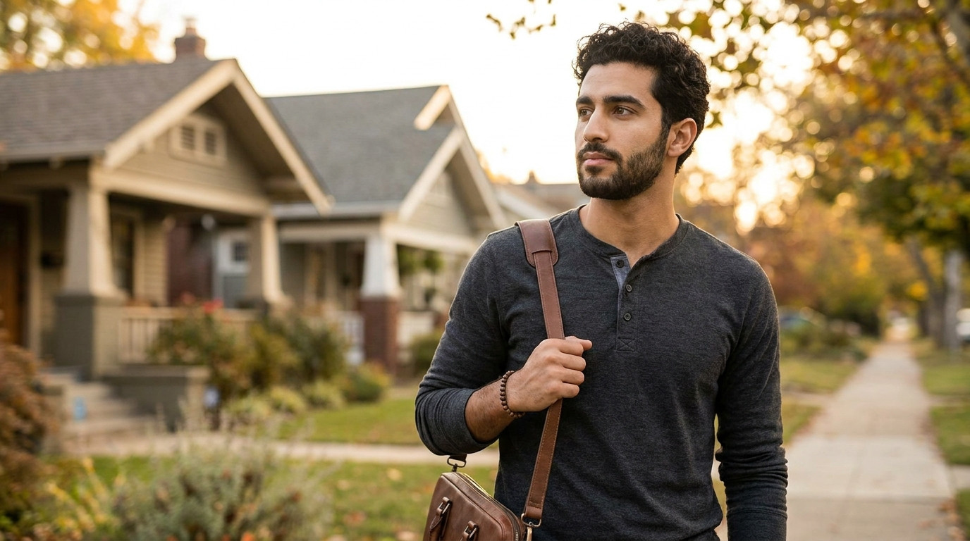 A young software engineer in a plain crew-neck sweater standing on a quiet tree-lined residential sidewalk on a bright m