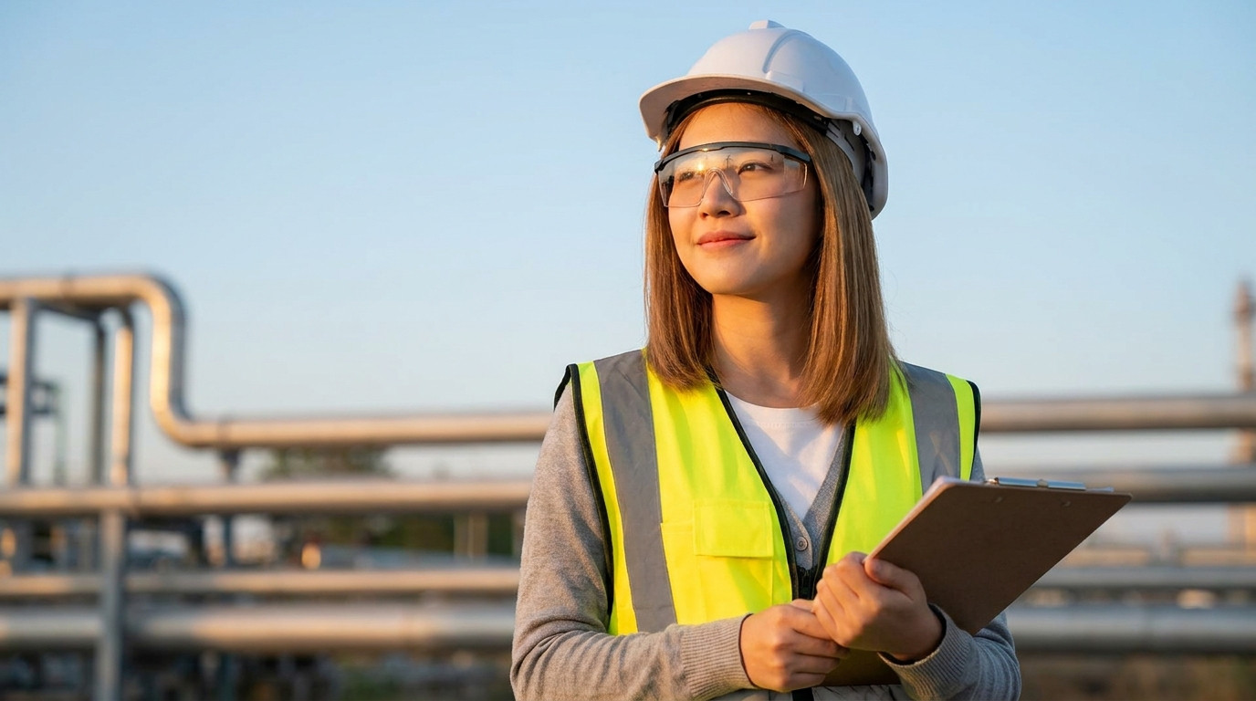 A young field engineer in a hard hat, safety glasses, and a plain high-visibility vest standing on an open industrial si