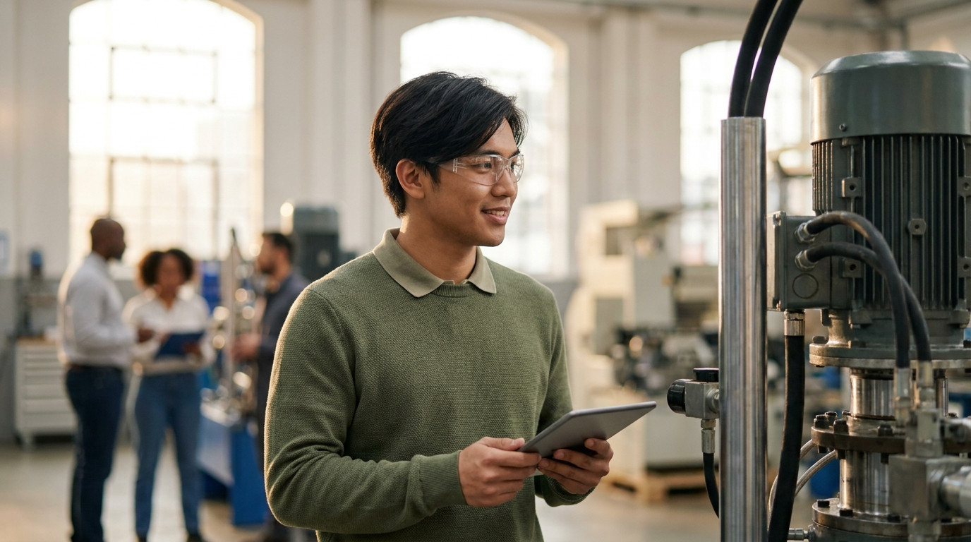 A young mechanical engineering intern in clear safety glasses and a plain collared polo standing on a clean manufacturin
