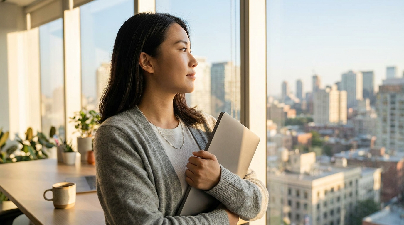A young software engineering intern in a plain charcoal hoodie standing at a bright open office window on a clear mornin