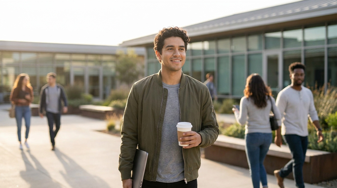 A young software engineer in a plain heather-grey hoodie walking across a sunny tech-campus courtyard on a clear morning