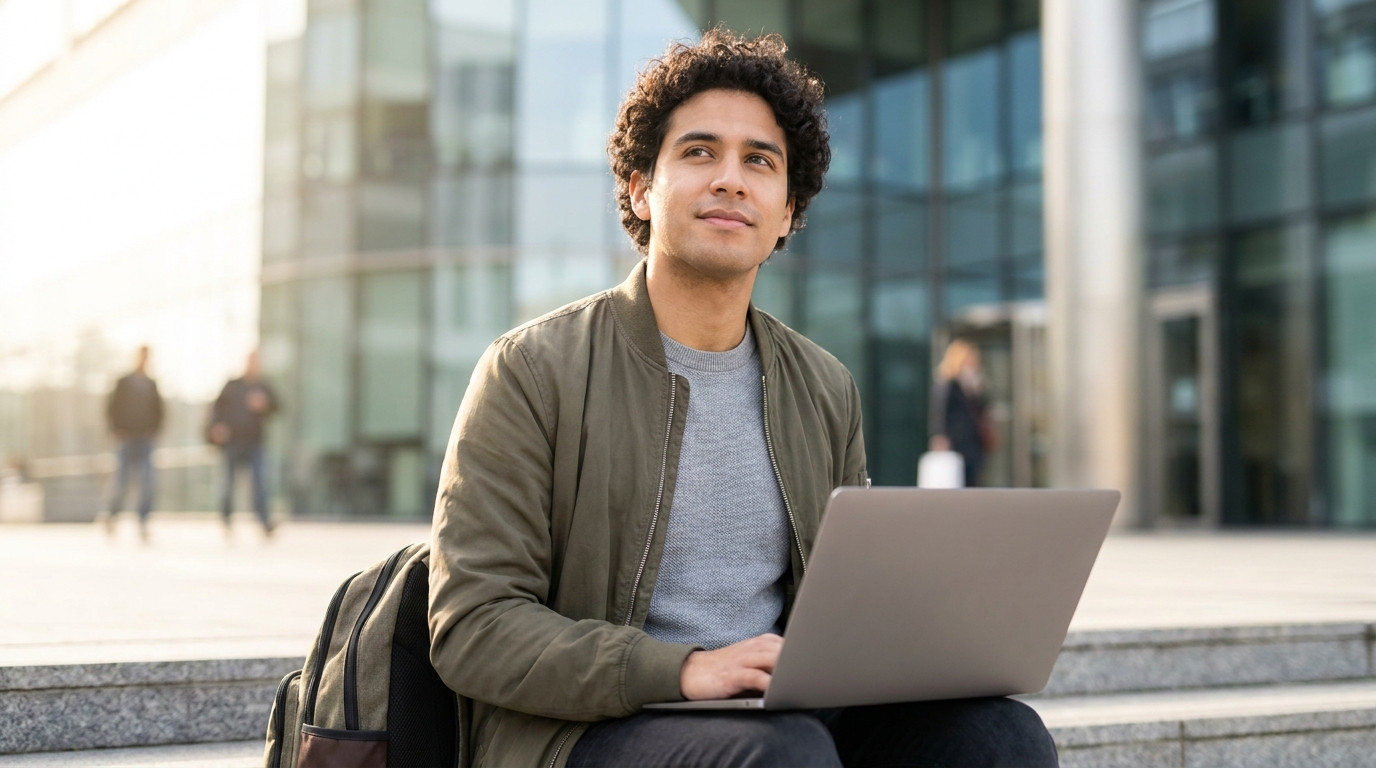 A young software engineering student in a plain grey crewneck sweater sitting on outdoor concrete steps near a modern gl