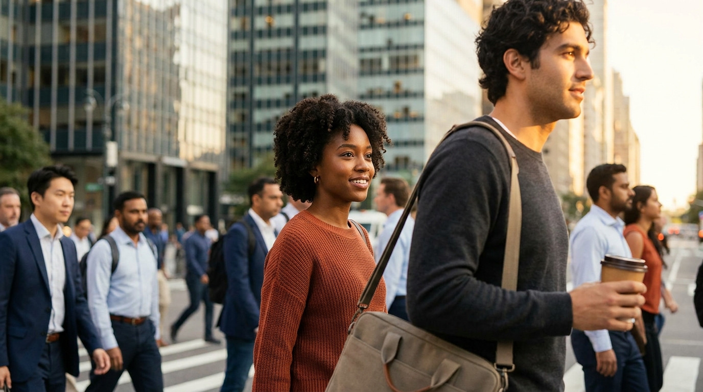 A young software engineer in a plain charcoal crewneck walking across a New York City crosswalk on a bright late-summer