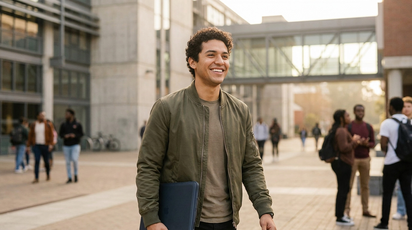 A university engineering student in a plain work jacket walking across an open plaza outside a large modern industrial c