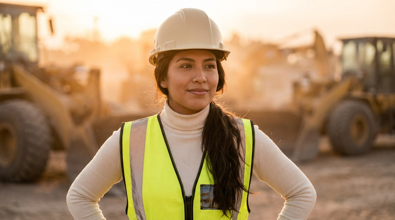 A young field engineer in a plain hard hat and unbranded high-visibility vest standing at an outdoor industrial worksite