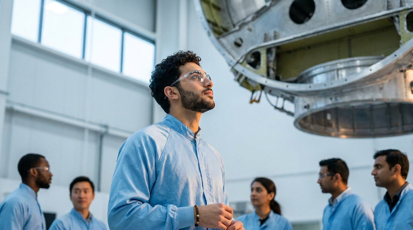 A young engineering intern in a clean-room-style light coverall and safety glasses standing in a bright aerospace assemb