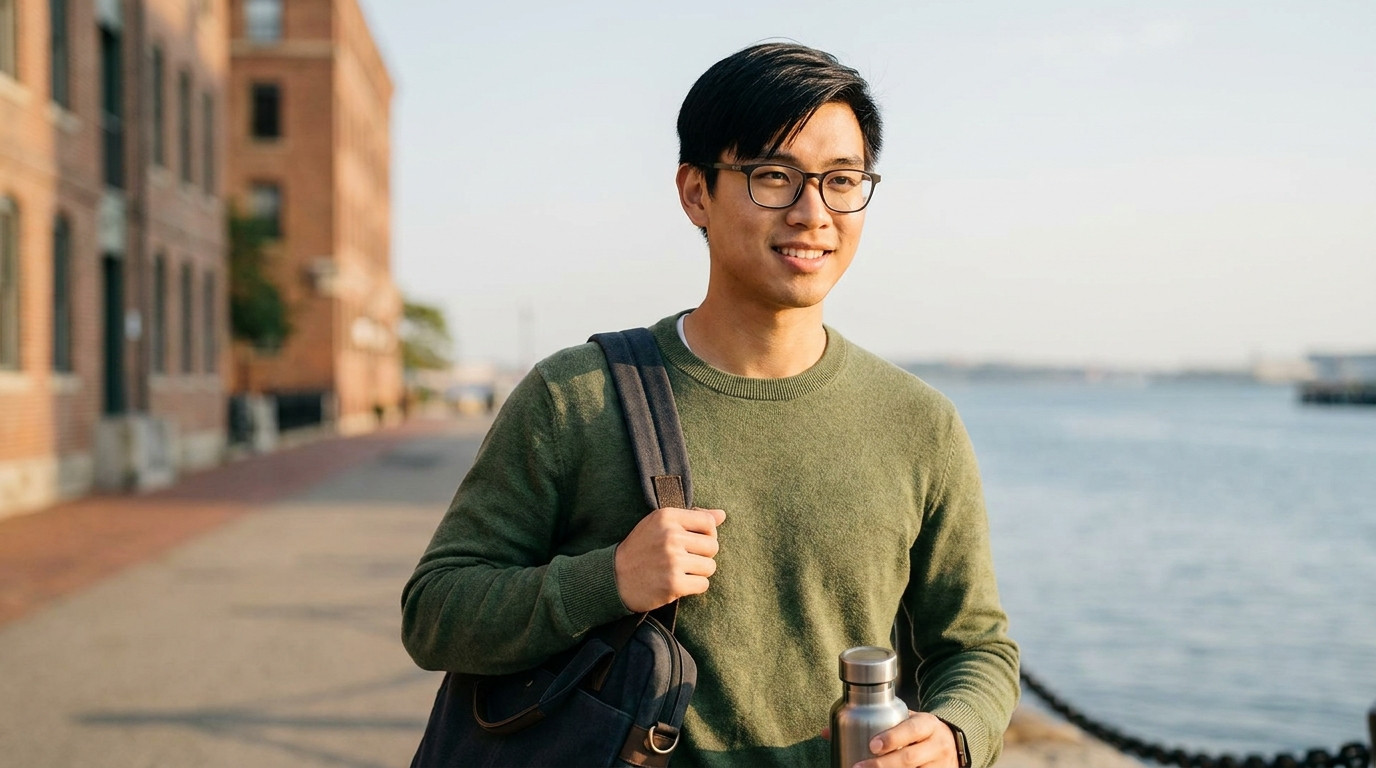 A young software engineer in a plain zip-up hoodie walking along a Boston harborside path on a clear late-summer morning