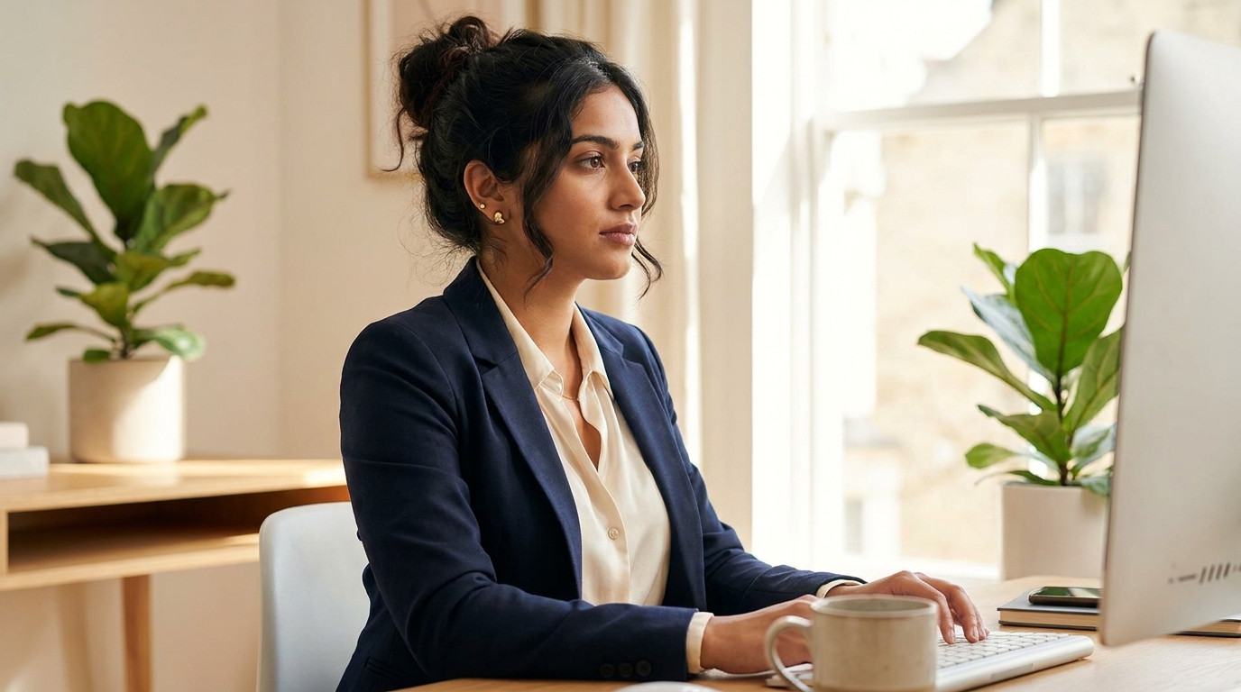 A young software engineer working from a bright home office on a clear morning, seated at a tidy desk near a large windo